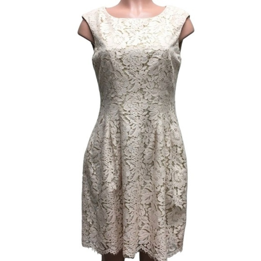 Vince Camuto Ivory Floral Lace Sleeveless Dress Petites Size 12 Knee Length